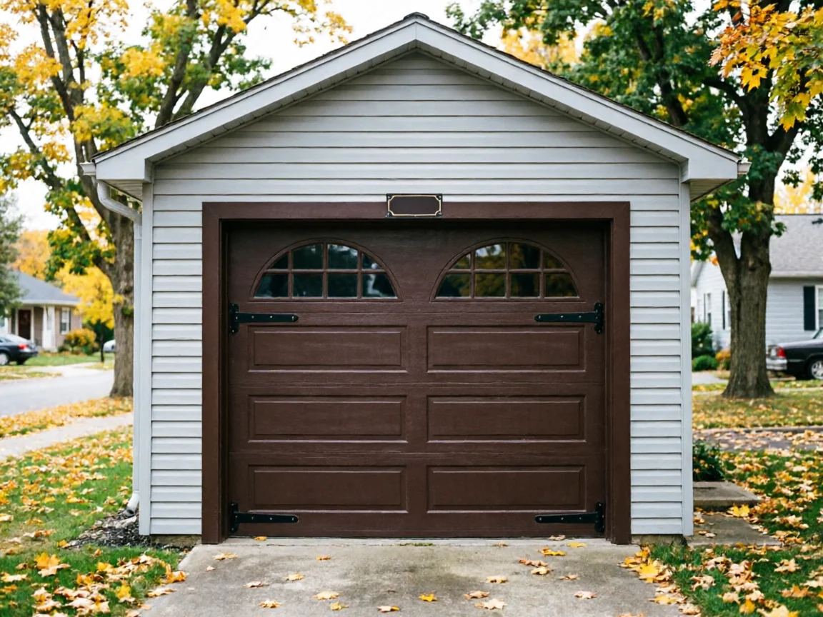 The brown garage door has decorative hardware and arched windows.