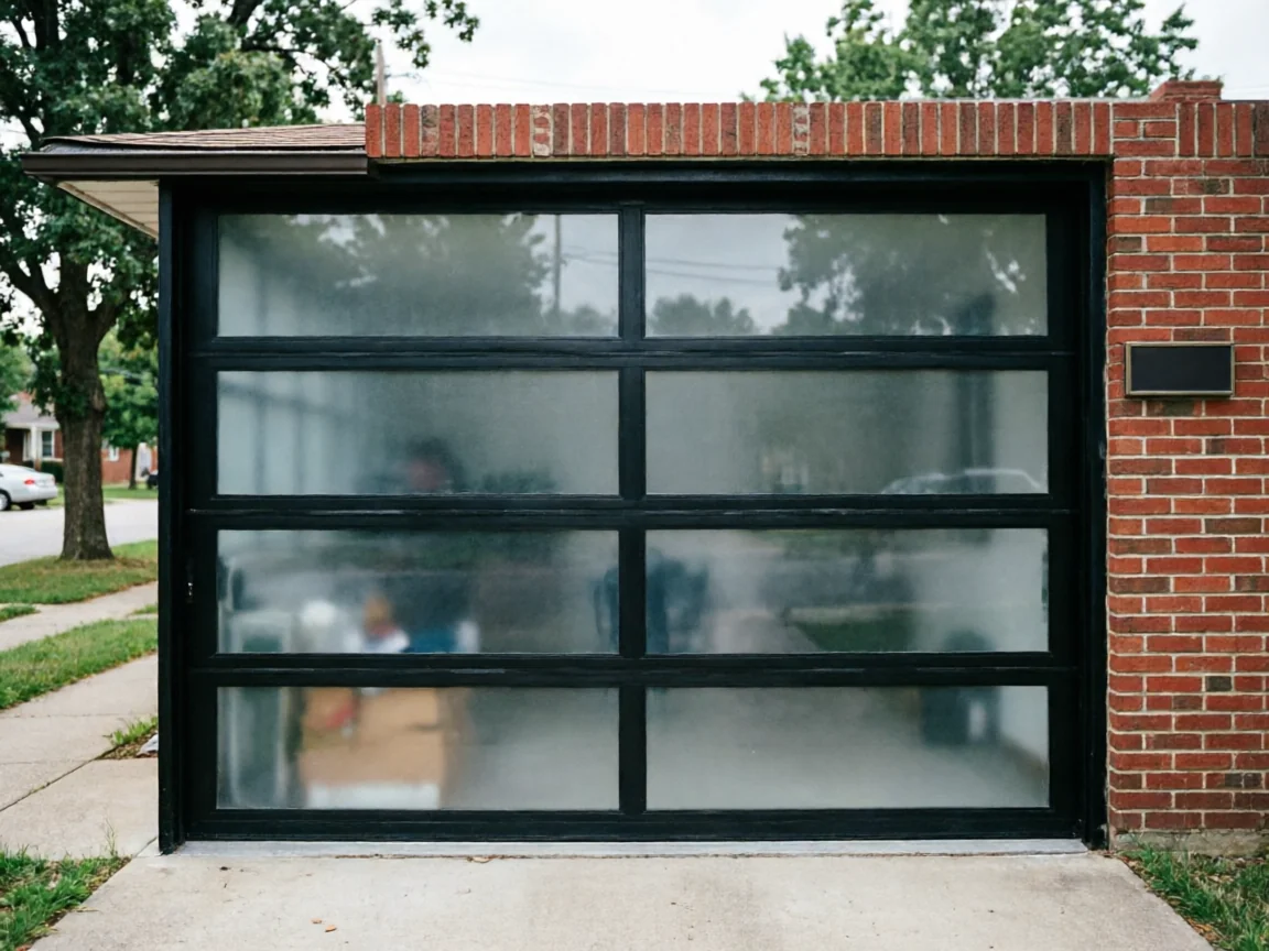 A modern black garage door with frosted glass panels is set in a brick wall.