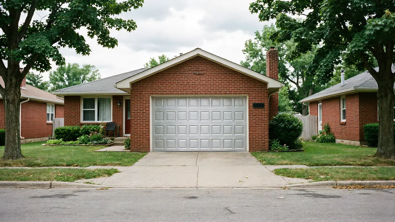 A brick house with a silver paneled garage door and a concrete driveway.