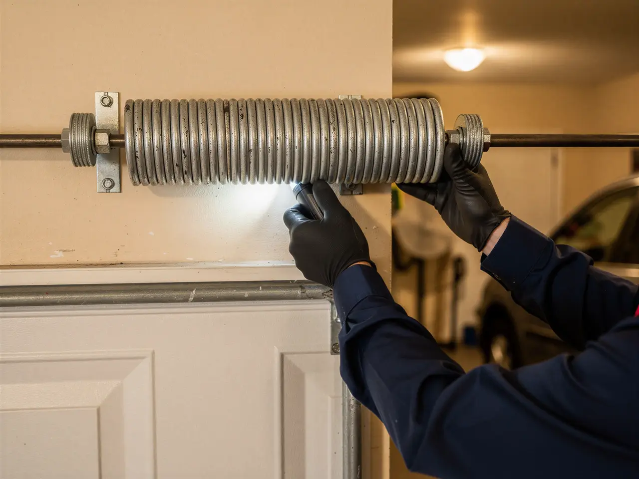 A technician in black gloves inspects a garage door torsion spring with a flashlight.